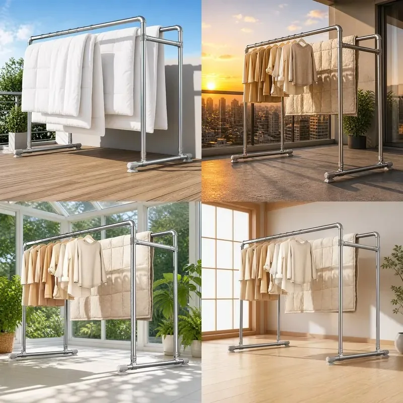 Double Pole Metal Clothes Drying Rack Large Capacity Independent Laundry Hanger for Balcony Household Use Heavy Duty Garment