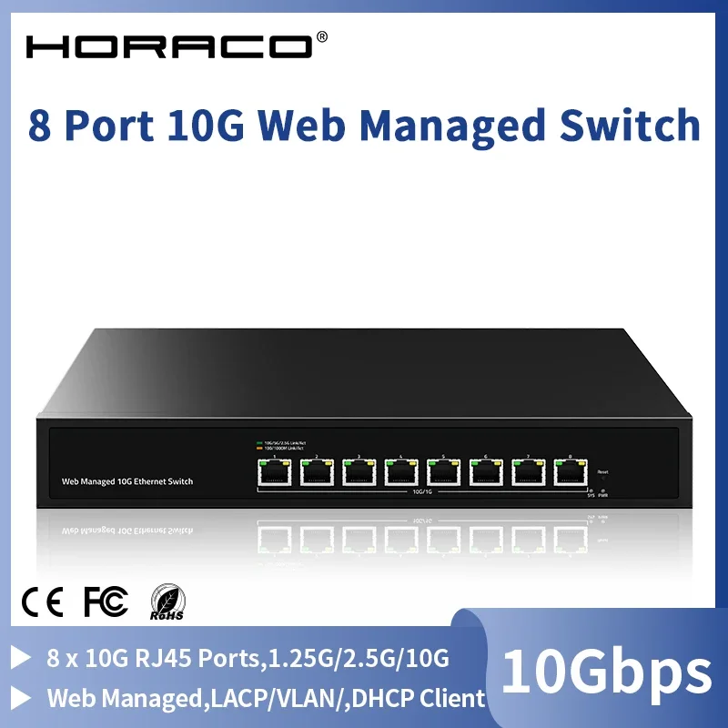 HORACO 10Gb 8 Port Web Managed Ethernet Switch 10000Mbps Network Switch 160G Bandwidth Homelab Networking Hub Internet Splitter