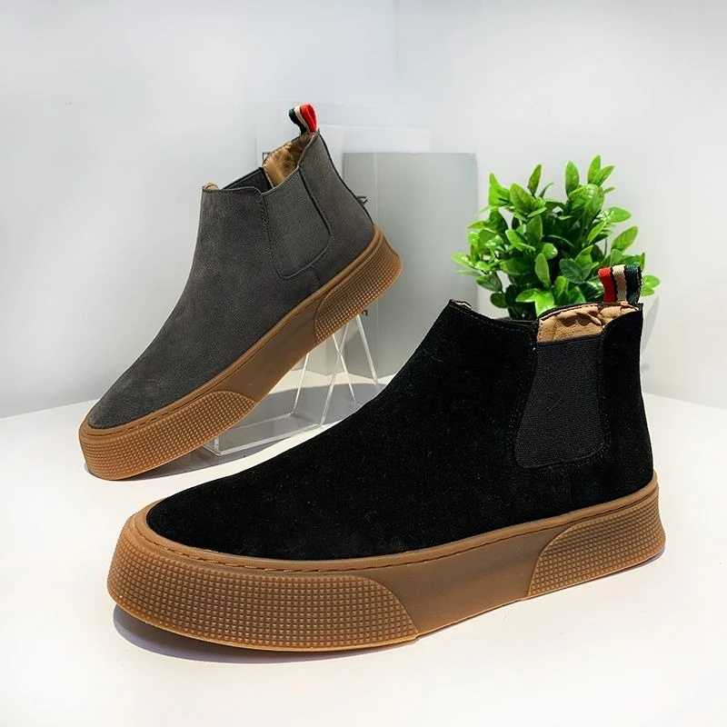 

2025 Autumn Winter New Men's High Top Suede Chelsea Boots Vintage Korean Fleece Lined Warm Leather Upper Footwear