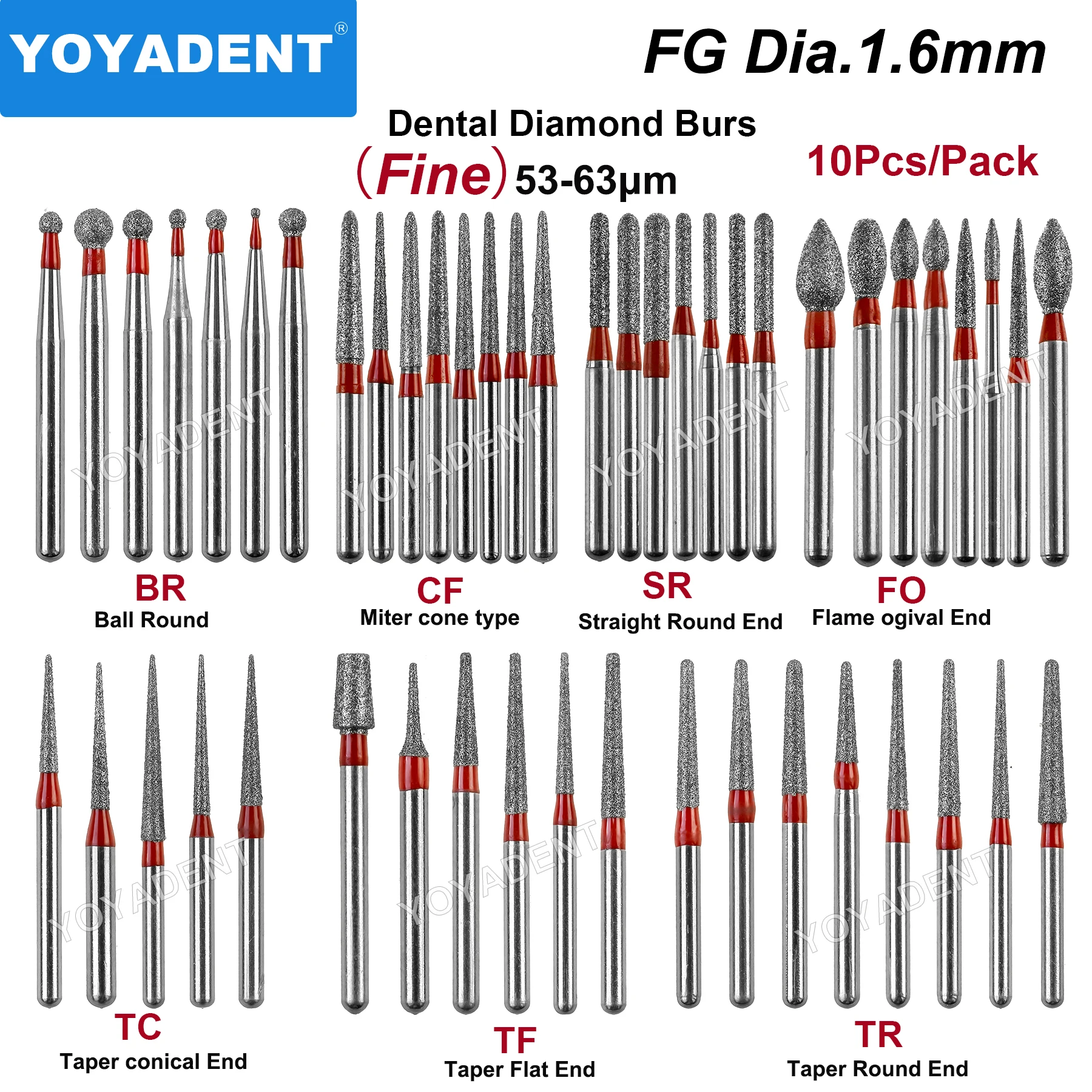 FG Fine Dental Burs Diamond Burs High Speed Turbines Drills Dental Lab Polishing Tools TR/TC/TF/FO/BR/SR/Type 1.6mm 10pcs/Pack