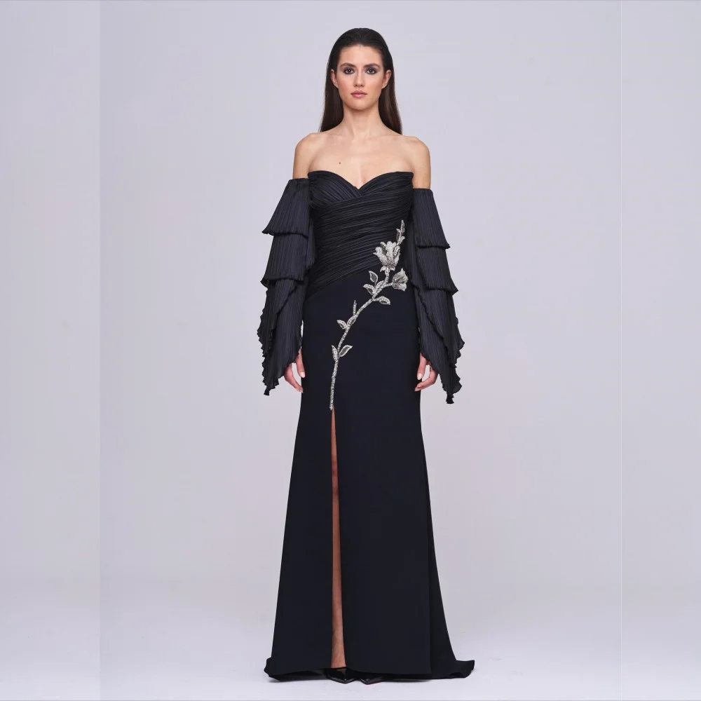 

Customized Jersey Pleat Glitter Temperament Off-the-shoulder Trumpet Long Dresses Bespoke Occasion Women's Evening High Quality