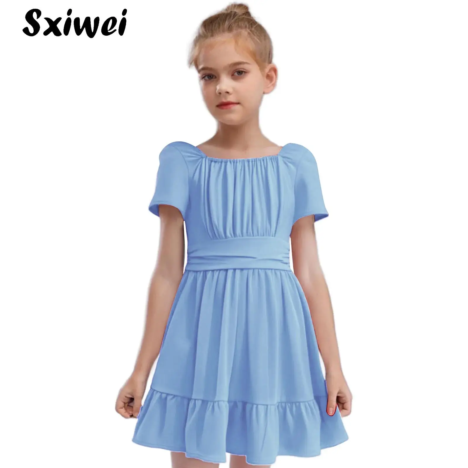 

Summer Girls Dress Tie Back Puff Sleeve Ruffle Hem A-Line Sundress Casual Sweet Flowy Midi Dresses for Vacation Princess Dress