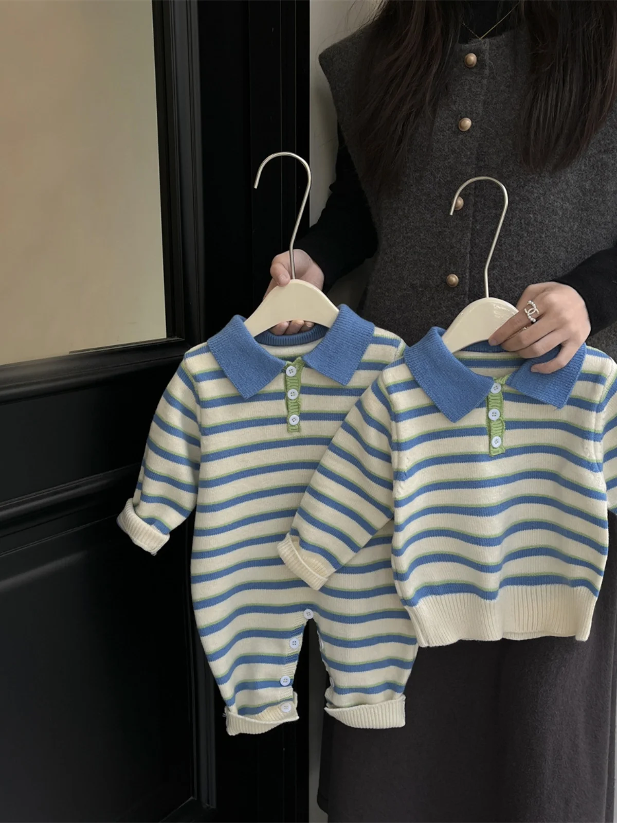 Korean Sle Baby Spring Autumn One-Piece Suit Knitted Striped Boys Clothes New 2024 New Arrival ex Cling Suit