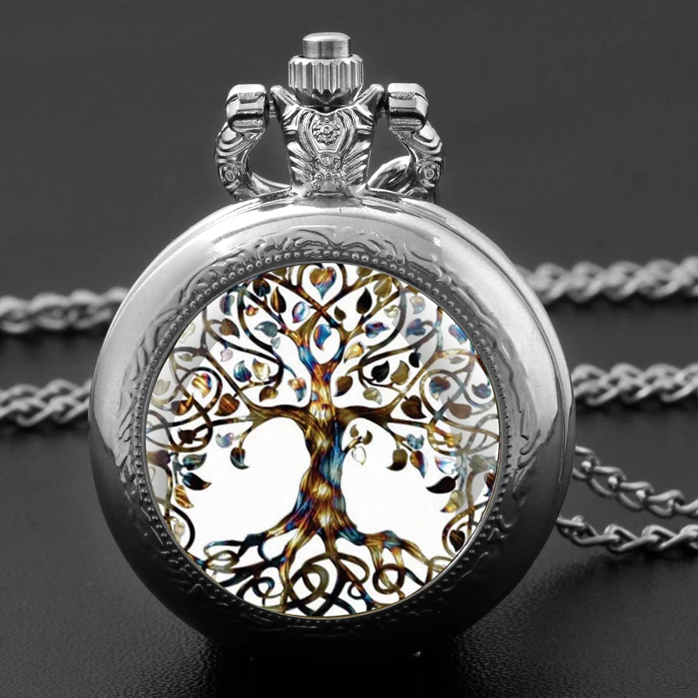 Retro Tree of Live Vintage Quartz Pocket Watch Women Men Necklace Unique Pendant Silver Clock Hours Watch Gift Accessories