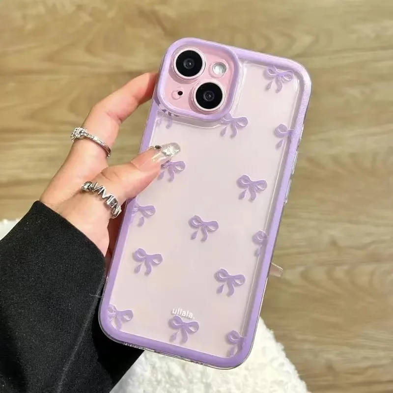 Cute Purple Pink Bow Soft Clear Case Protection for IPhone 15 14 13 12 11 14 Pro Max Soft Camera Protection Case for IPhone 15
