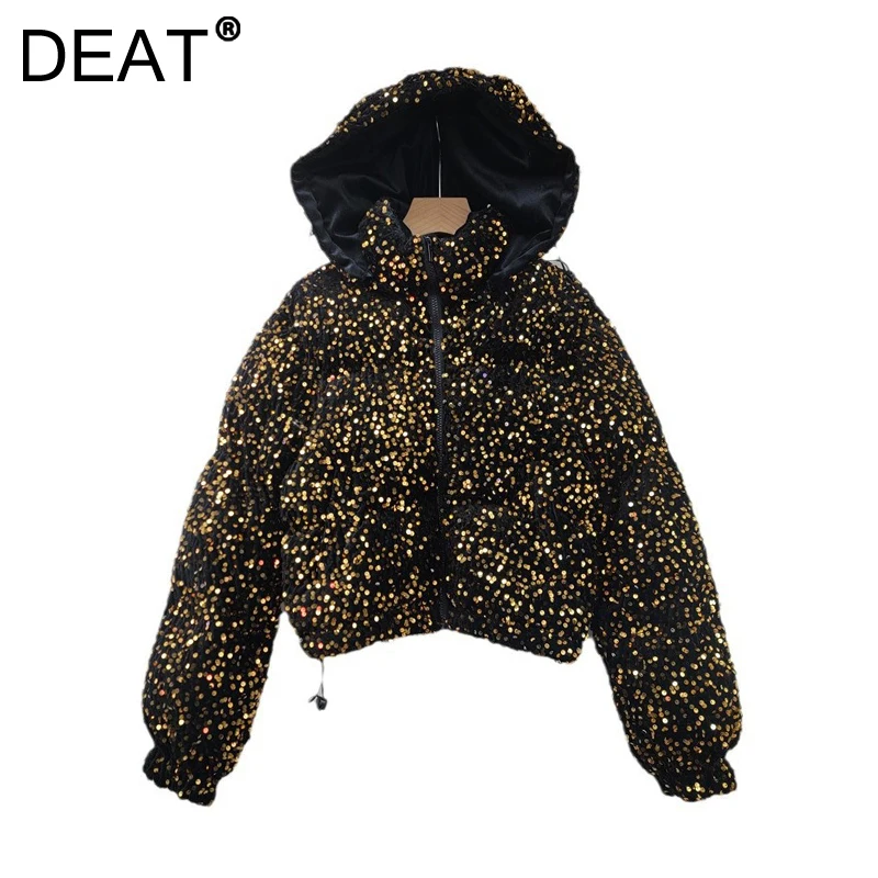 DEAT Women's Coat Shiny Sequins Hooded Cotton-padded Thick Long Sleeve Warm Short Jackets 2025 Spring New Fashion 29L9169