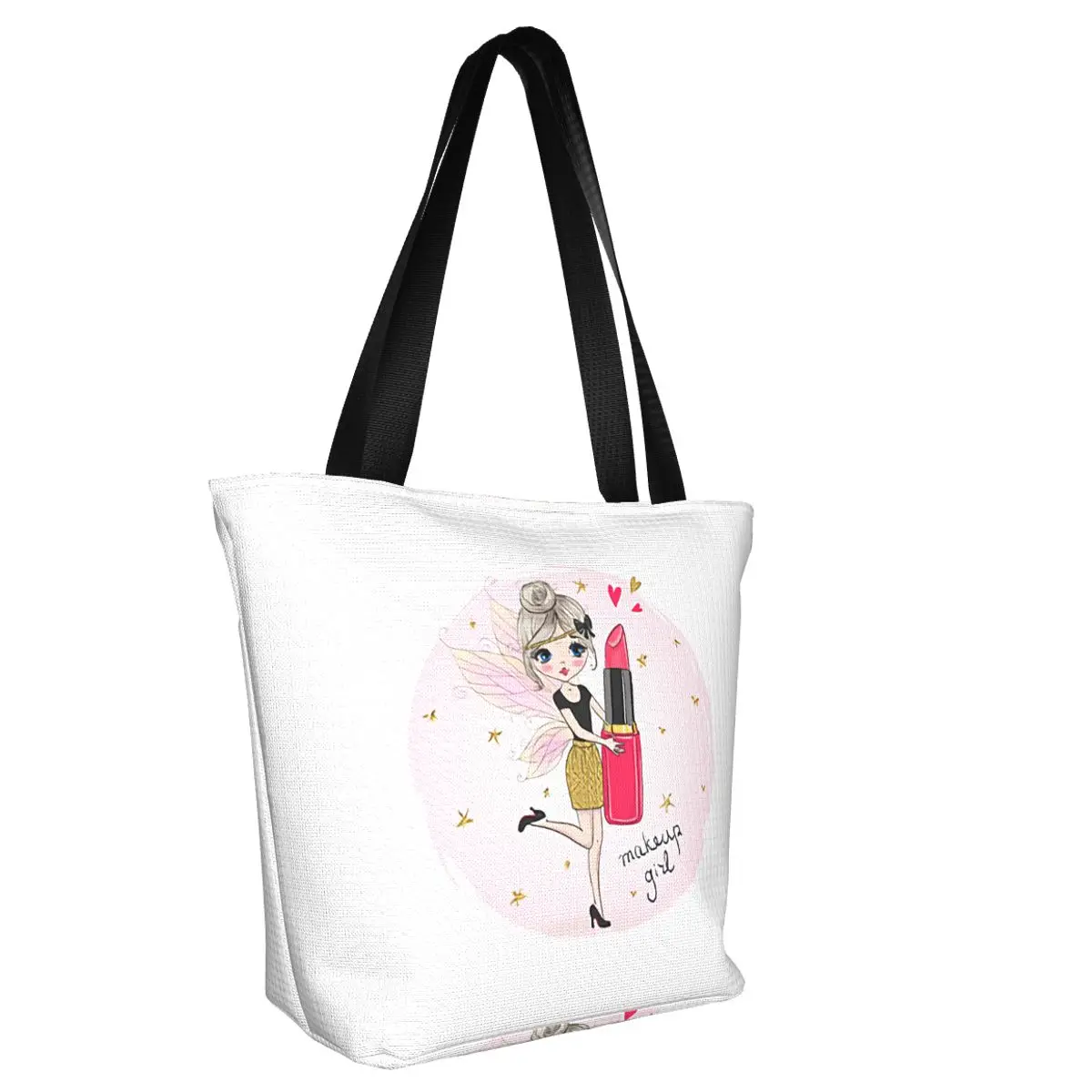 Custom Pink Ballet Girl Canvas Shopping Bags Women Portable Grocery Cartoon Ballerina Dancer Tote Shopper Bags