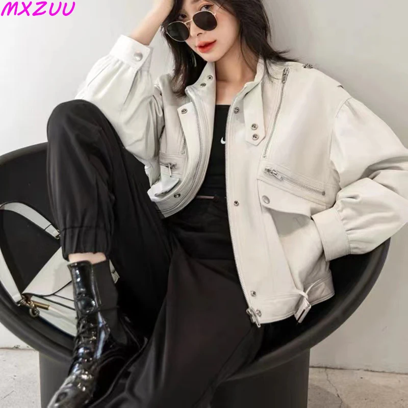 Women Short Trendy Baseball Uniform Chaqueta Piel Mujer Genuine Sheepskin Punk Locomotive Loose Manteau Pocket Metal Zipper Tops