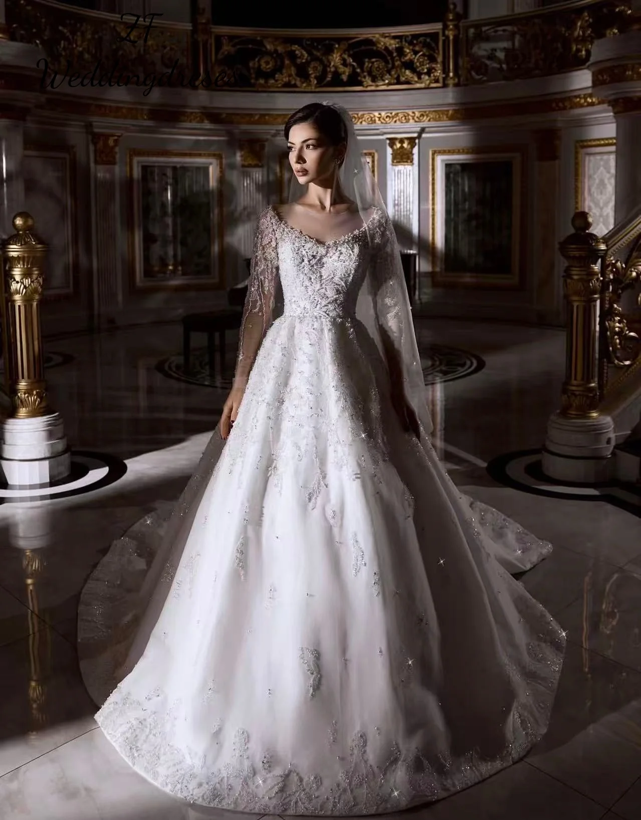 Personalizado requintado vestidos de casamento vestido de baile com decote em v manga longa lantejoulas apliques vestido de noiva novia