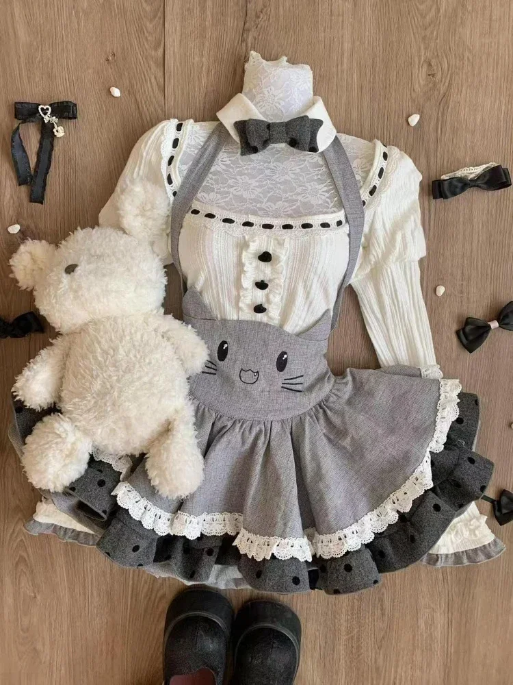 الحلو فتاة الشتاء عباءة مقوس دانتيل اليابانية موضة تنورة دعوى 2026 جديد Kawaii لوليتا القط الأذن الزي مجموعة المرأة مقنعين الرأس مجموعة #3