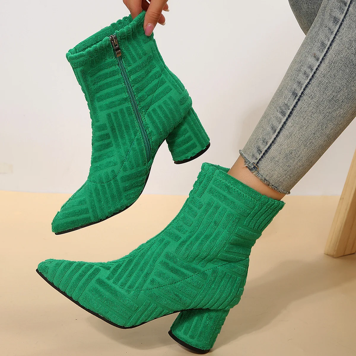 

New Ankle Boots Women Sexy High Heel Shoes Lady Fashion Street Style Motorcycles Boots Female Pointed Versatile Work Pumps Green