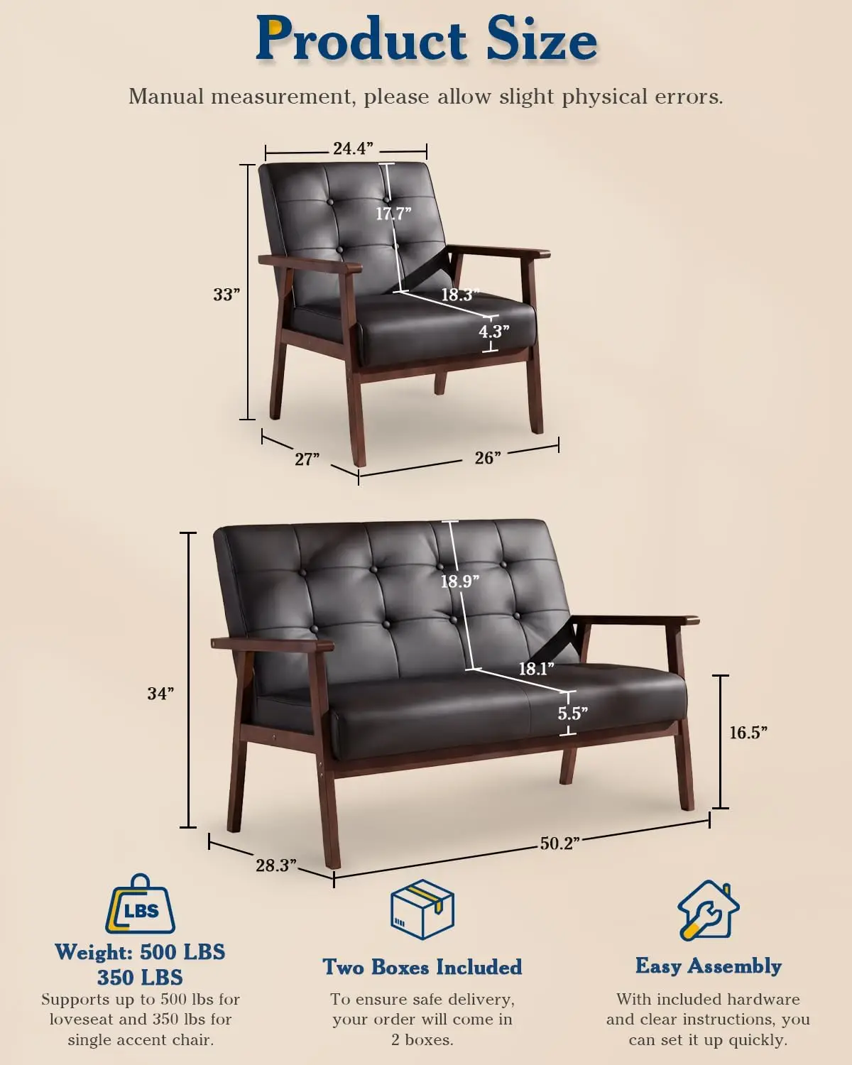 3 Piece Black Faux Leather Mid Century Modern Wood Frame Living Room Set | Loveseat Sofa Set Tufted Upholstery Furniture Set, Co