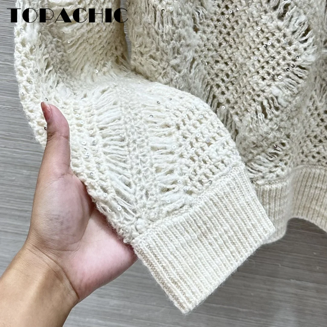 9.9 TOPACHIC Women Contrast Color Argyle Plaid Crochet Hollow Out Pullover Knitwear Wool Soft Comfortable Long Sleeve Sweater