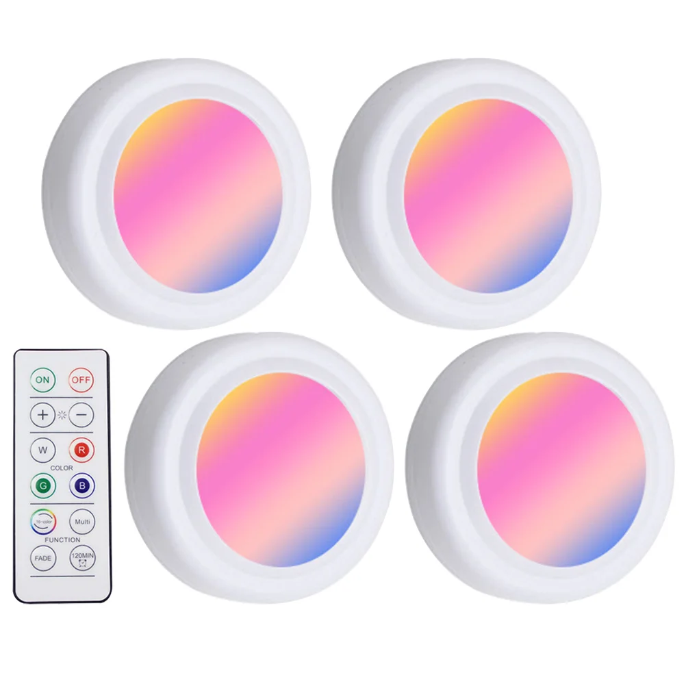 4Pcs LED Puck Lights Color Changing Operated Remote Control Wireless Under Cabinet Small Stick on Lights Touch