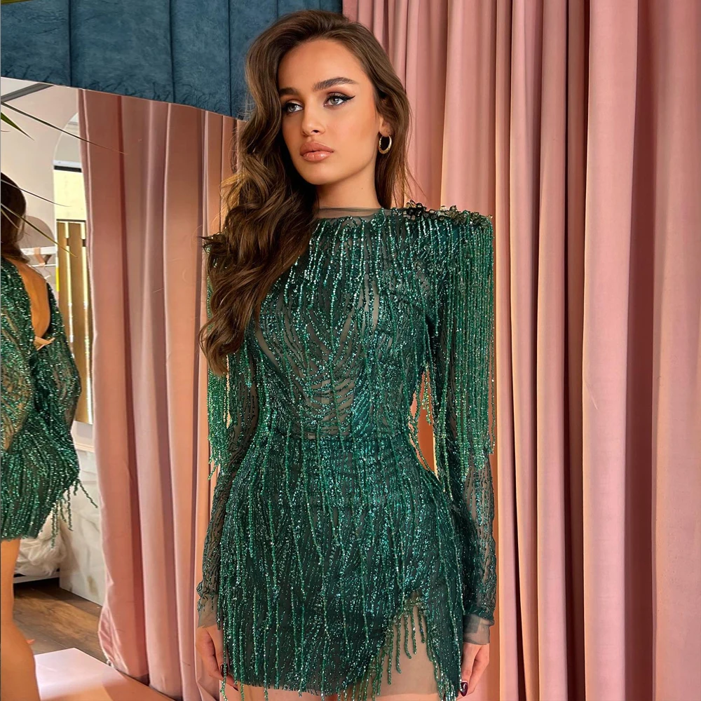 Exquisite Cocktail Party Dresses O Neck Long Sleeves Prom Occasion Gowns Beadings Above Knee Length Mermaid 2024 فساتين السهرة