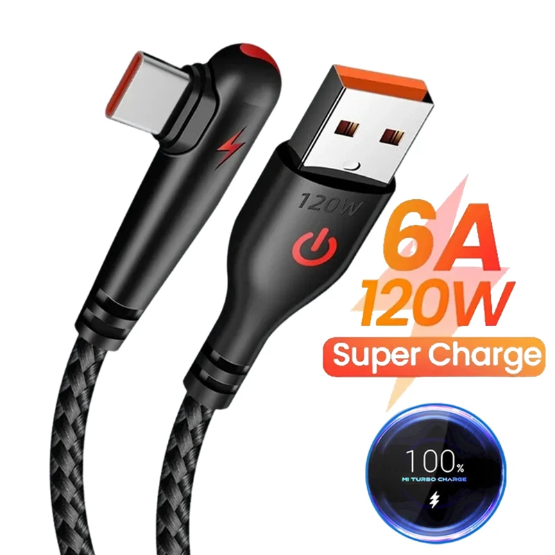 90 Degree Elbow Type C USB Fast Charging Cable for Huawei Mate 60 50 40 P60 P50 Honor Xiaomi Redmi POCO 120W Quick Charger Cable