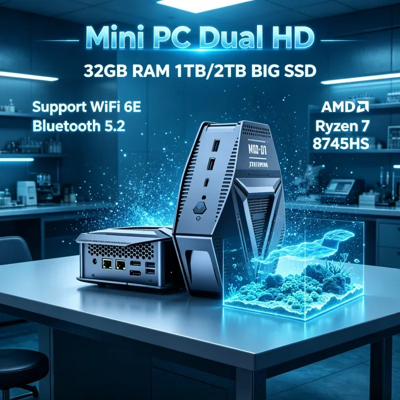 

Practical Multi-port Mini Gaming PC R7 8745HS WiFi6 Type-C HD DP 2DDR5 4USB3.2 2.5G Dual LAN Win11 Portable Office Host