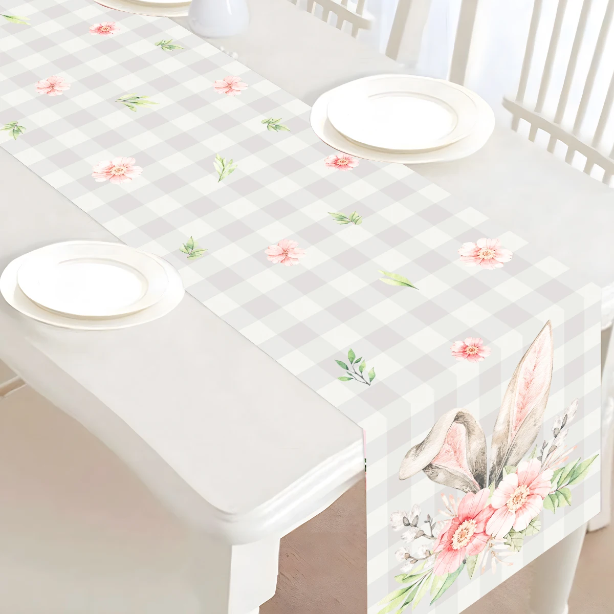 Easter Plaid Flowers Rabbit Ears Table Runner Happy Easter Party Decorations For Home 2025 Kids Favors Gift Dining Table Cover