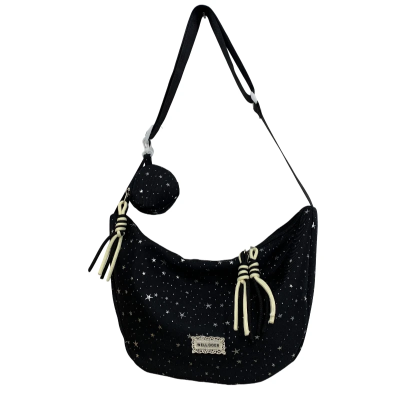 

2Pcs Light Blue Star Print Nylon Shoulder Bag for Women Hot Sale Casual Crossbody Bag Mini Coin Purse Tassel Decor Youth Bags
