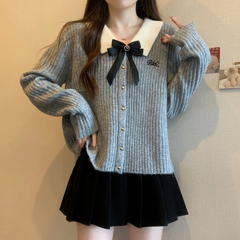 

Sweet Bow Knitted Cardigan Women Preppy Casual Embroidery Fall Fashion Sweater Korean Peter Pan Collar Slim Fit Button New Tops