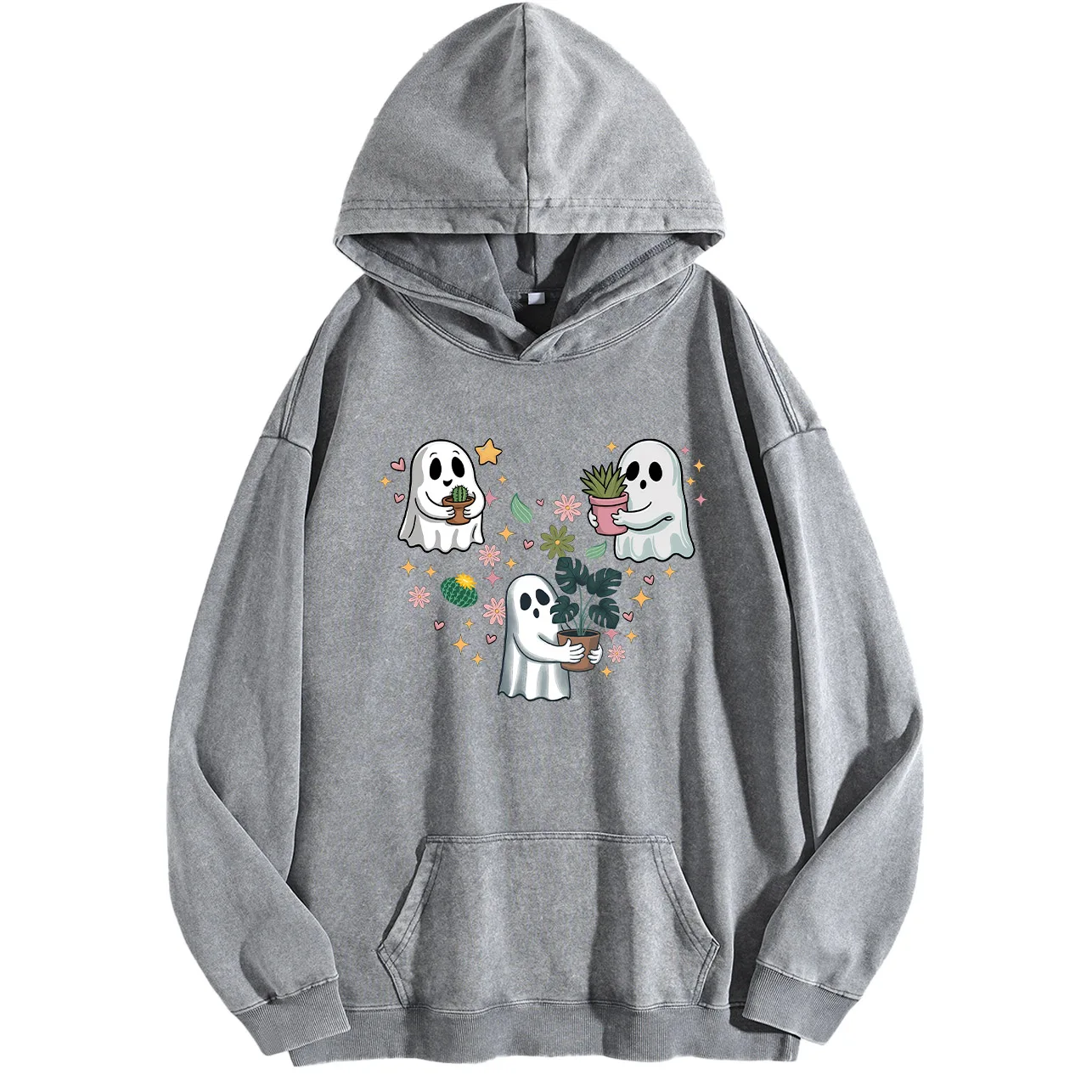 سترة بغطاء للرأس برسومات مغسولة كلاسيكية للرجال من The Ghost Holding the Plant، بلوفر ريترو متعثر، سترة كاجوال ملابس الشارع