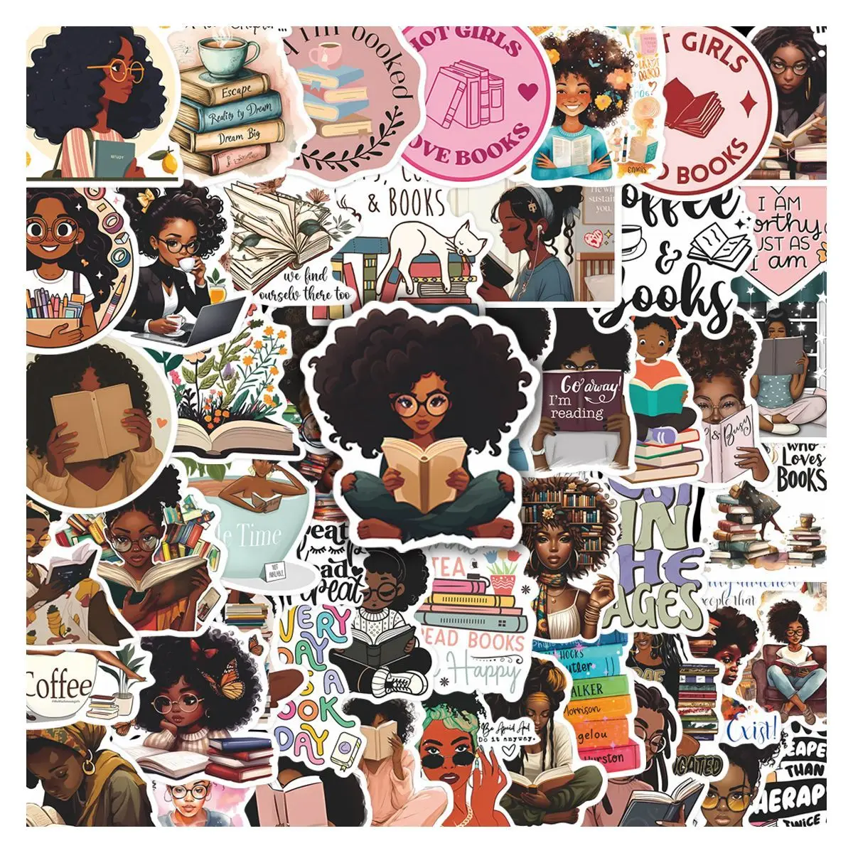 50Pcs Black Girls Bookish Stickers for Kindle, Woman Book Stickers, Bookworm Reading Stickers Book Lover Vision Board Decals