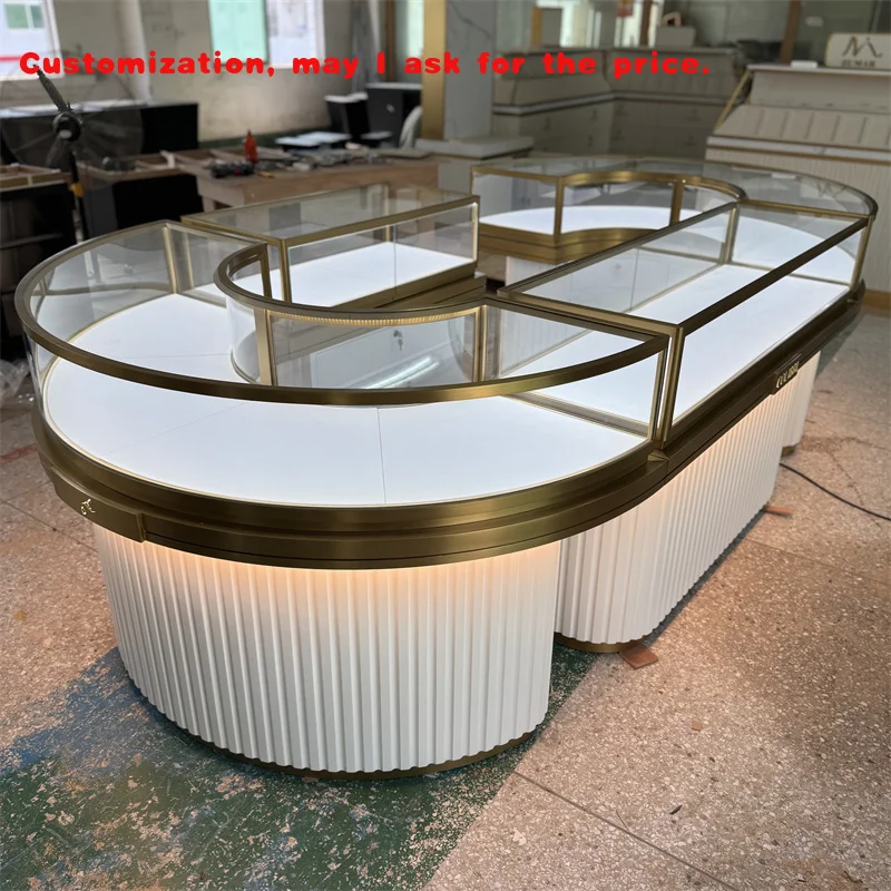 

custom.Modern Retail Store Luxury Jewelry Display Cabinet Ripple Shape showcase Hot Bent Glass Counter Jewelry Display Sho