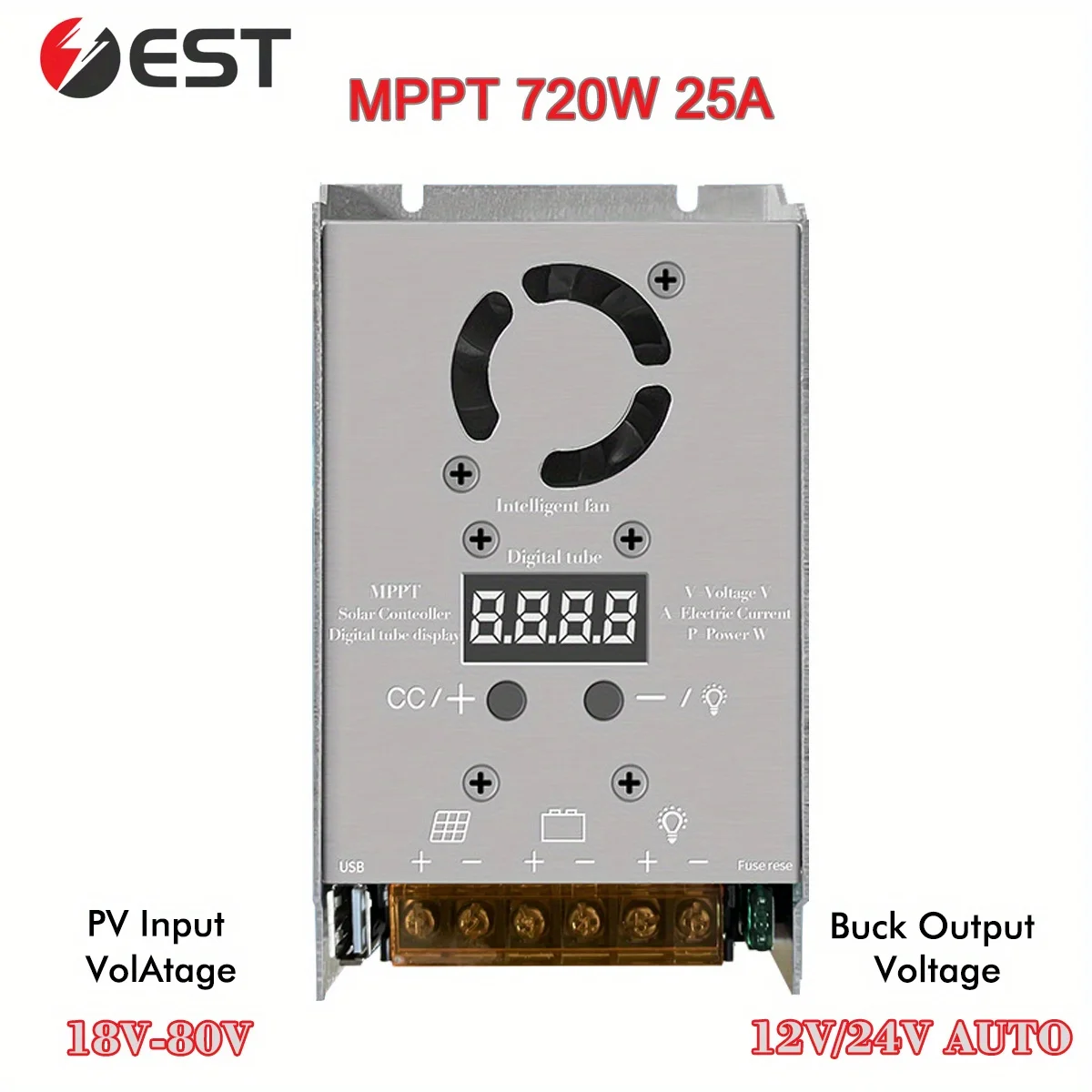 25A MPPT Step-Down Solar Charge Controller, 720W Input 18V-80V, Auto Buck Output for 12V/24V Lithium, Lead-Acid, Gel Batteries