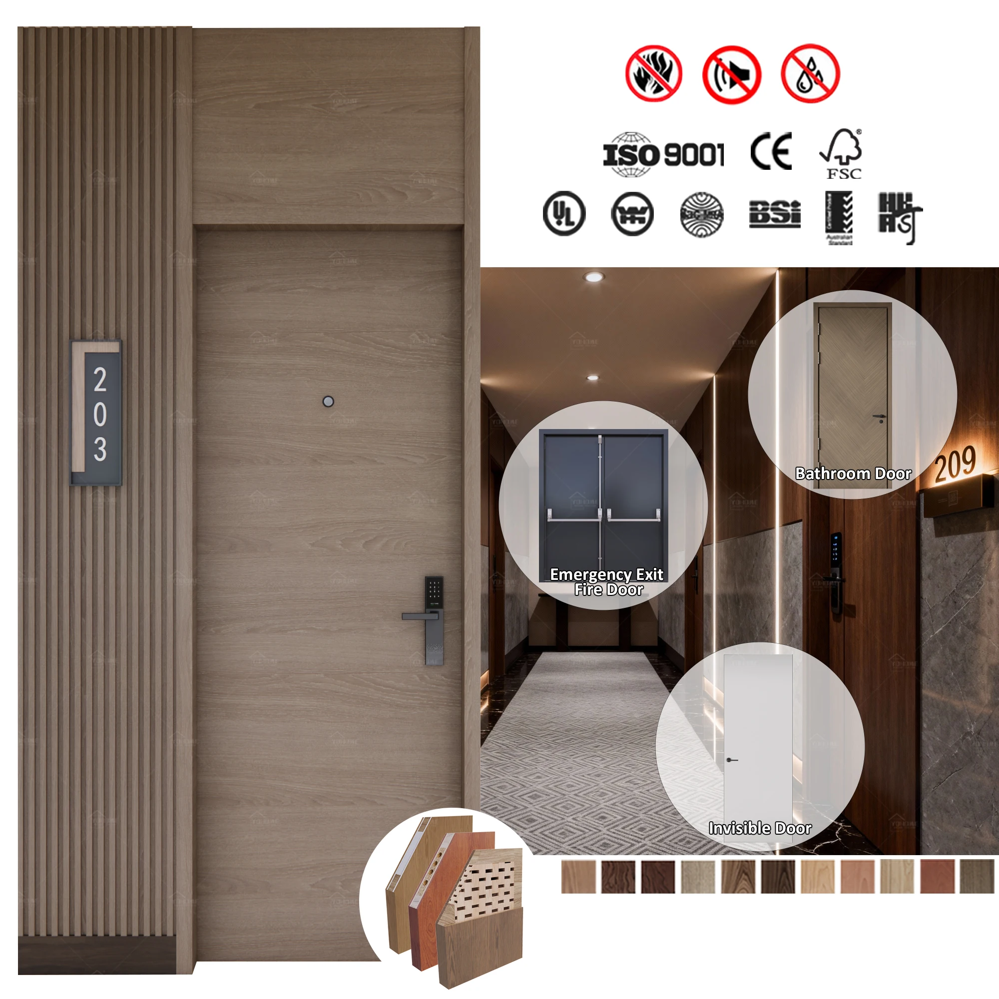 CE Marked EI30 EI60 EI90 Soundproof Fireproof Solid Timber Fire Resistant Entry Door for European Premium Hotel Room