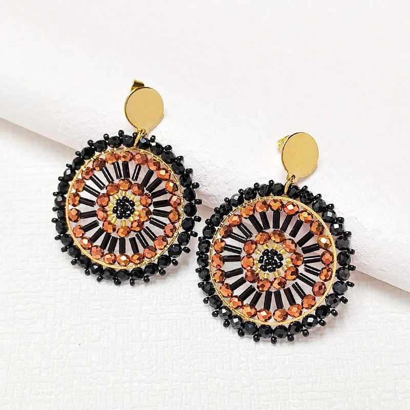 Rice bead earrings Sunflower  Hollow out Originality Geometry Hand knitting Bohemia Alloy Retro Tide Simple Beaded earrings