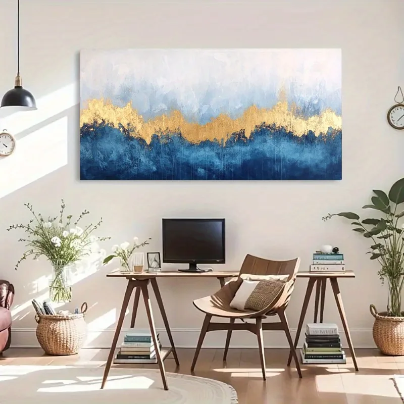 

1pc Unframe Blue Waves Canvas Print Wall Art with Golden Accent Bohemian Minimalist Ocean Sea, for Bedroom, Office Modern Decor