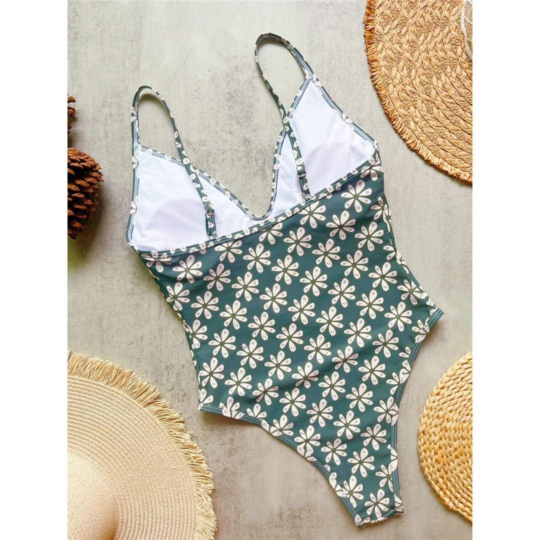 Sexy, mit Blumenmuster bedruckter, einteiliger Badeanzug mit V-Ausschnitt für Damen, rückenfreies Design, hoher Beinausschnitt, gepolstert, Badebekleidung, Badeanzug, Modell V8450. – Detail 12