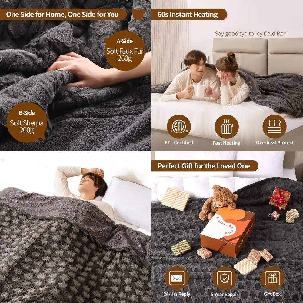 

Twin Size 62x84 Grey Floral Faux Fur Sherpa Electric Blanket, 10 Heat Levels, 1-12H Auto Shut-off, ETL Certified, Washable