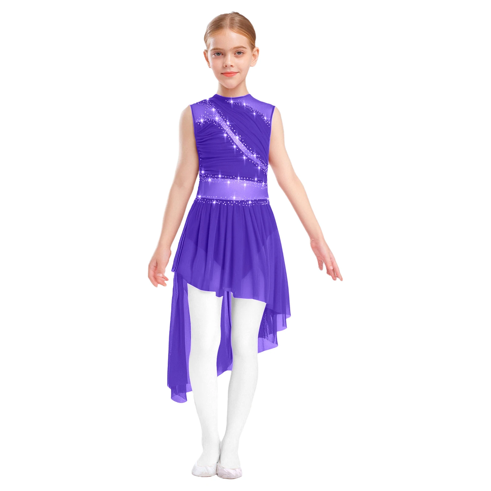 

Kids Girls Figure Skating Costume Ballet Lyrical Dance Dress Shiny Rhinestone Sheer Mesh Gymnastics Leotard Modern Dancewear