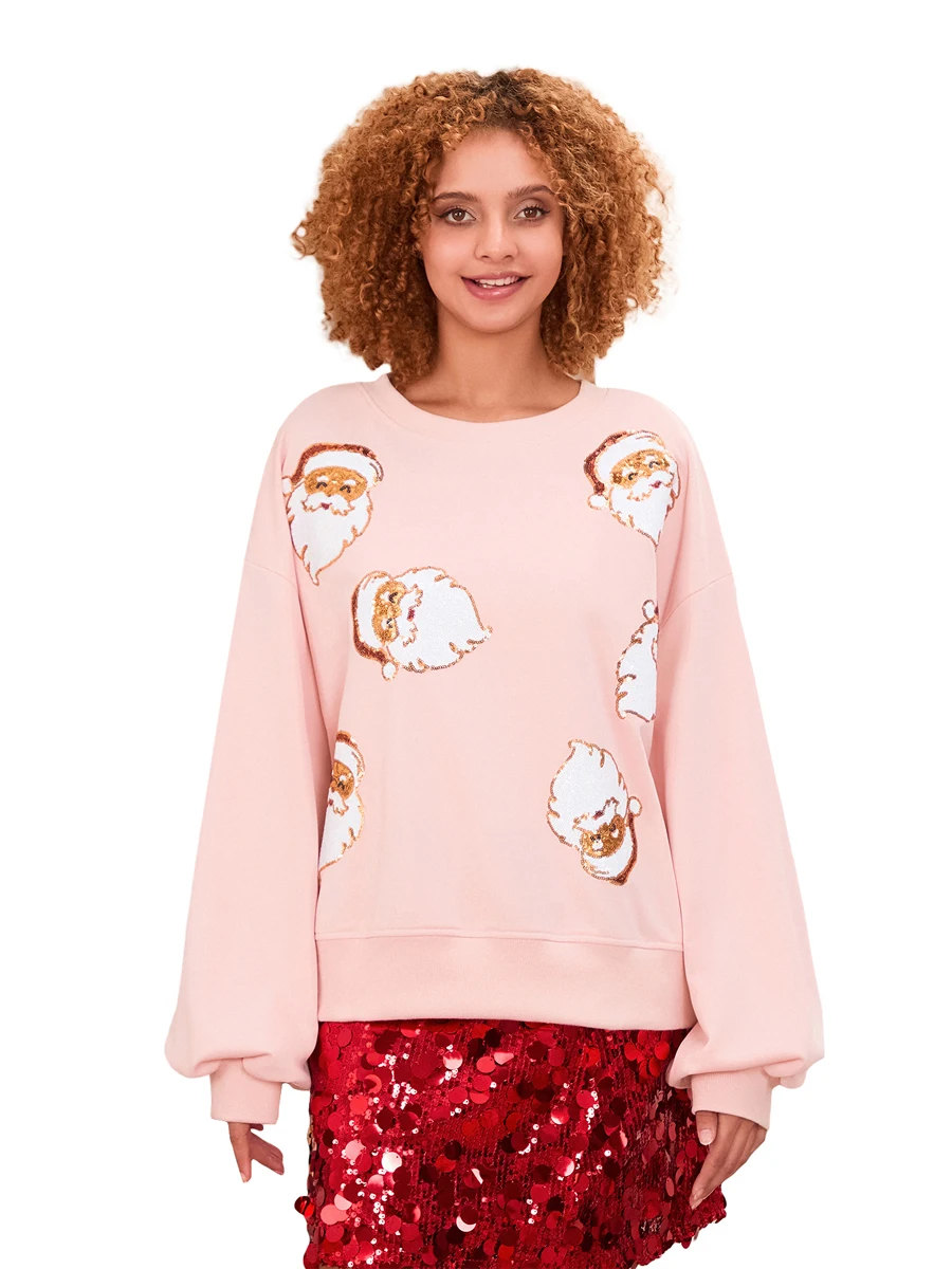 Sweat-Shirt de Noël à Paillettes pour Femme, Col Ras du Cou, Manches Lanternes, Pull, Streetwear Décontracté, Y