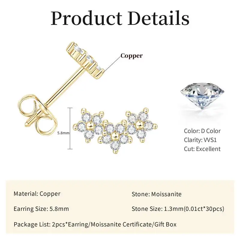 Lnngy Zertifizierte Moissanit-Ohrstecker Niedliche Blumen-Knorpel-Ohrringe für Frauen Exquisiter Fünfzackiger Stern Ohrschmuck Geschenk – Detail 1