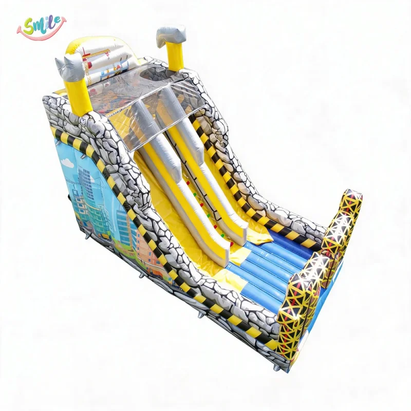 SMILE Construction Inflatable Dry Slide Commercial Double Lane PVC 8M X 4M X 6M Easy Setup for Kids Party Rental Slide