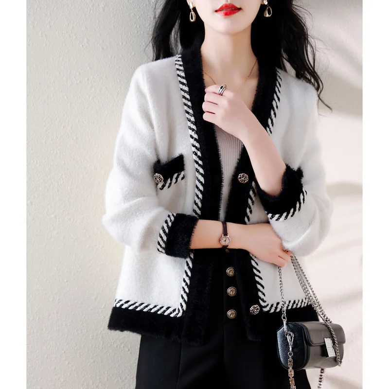 Women Clothing Chic Rose Button Knitted Cardigan Spring Autumn Plush Fashion Loose Korean Style Sweaters Female Knitwear