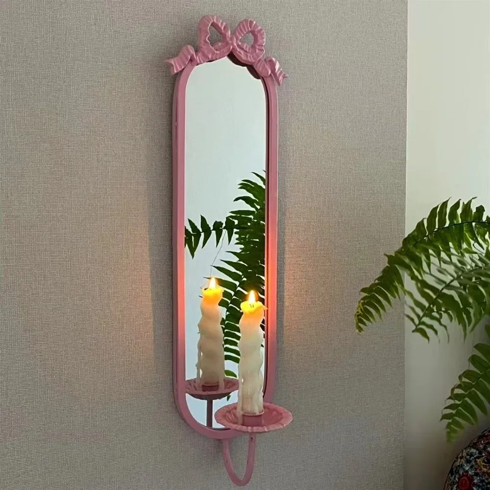 Retro Wall-mounted Bow Mirror Candlestick Wrought Iron Wall Decoration Candlestick Shooting Props Home Fragrance Decoration