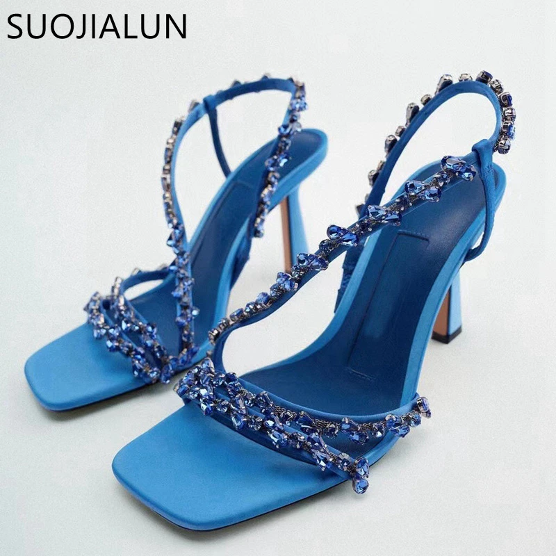 SUOJIALUN Summer New Brand Women Sandal Fashion Bling Crystal Narrow Band Ladies Elegant Gladiator Shoes Thin High Heel Pumps