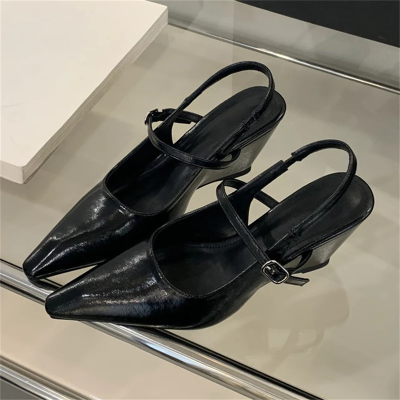 

Eilyken Spring Summer Buckle Strap Wedges Heels Women Pumps Elegant Pointed Toe Slingbacks Banquet Mules Shoes