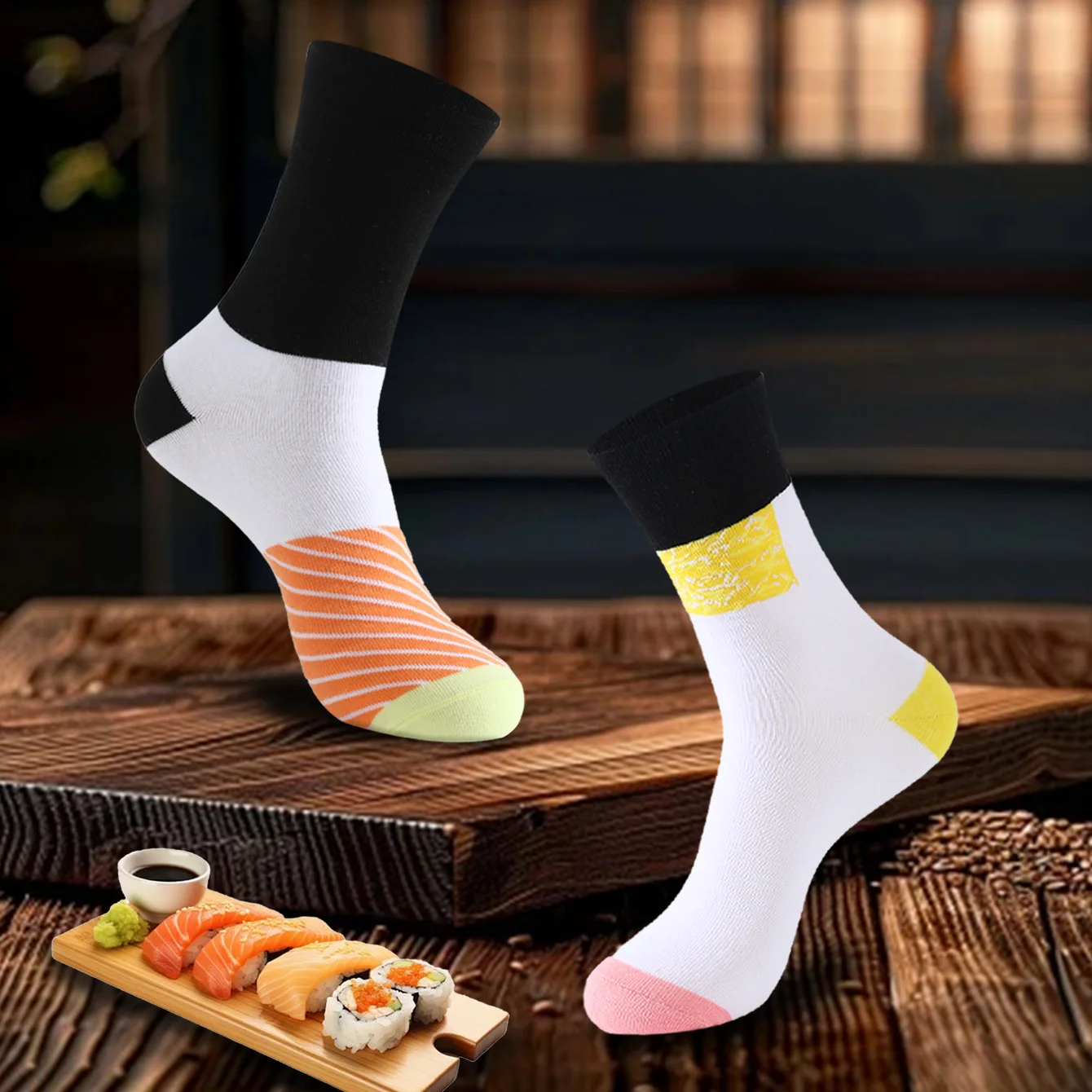 남녀공용 미드카프 양말 2켤레, 참신하고 재미있는 컬러풀한 연어 스시 선물 상자 양말, 유럽 및 미국 패션 트렌디 스타일, 편안하고 통기성 좋은, 파티 캐주얼 참신한 선물, 발렌타인데이, 크리스마스, 산타클로스, 가을 및 겨울 스타일, 사계절 귀엽고 재미있는 양말