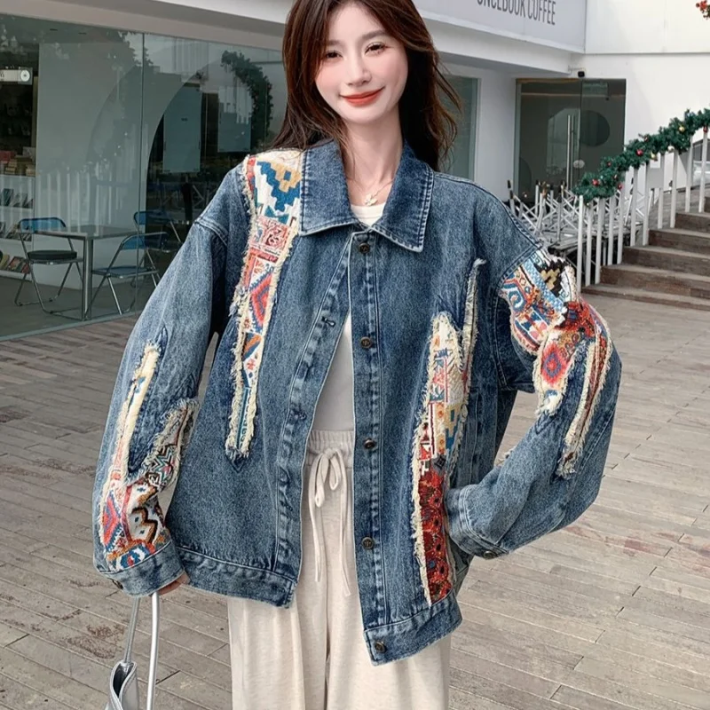 Spring Autumn Blue Denim Coat Retro Embroidery Denim Jacket 2025 New Women Jacket Fashion Loose Coat