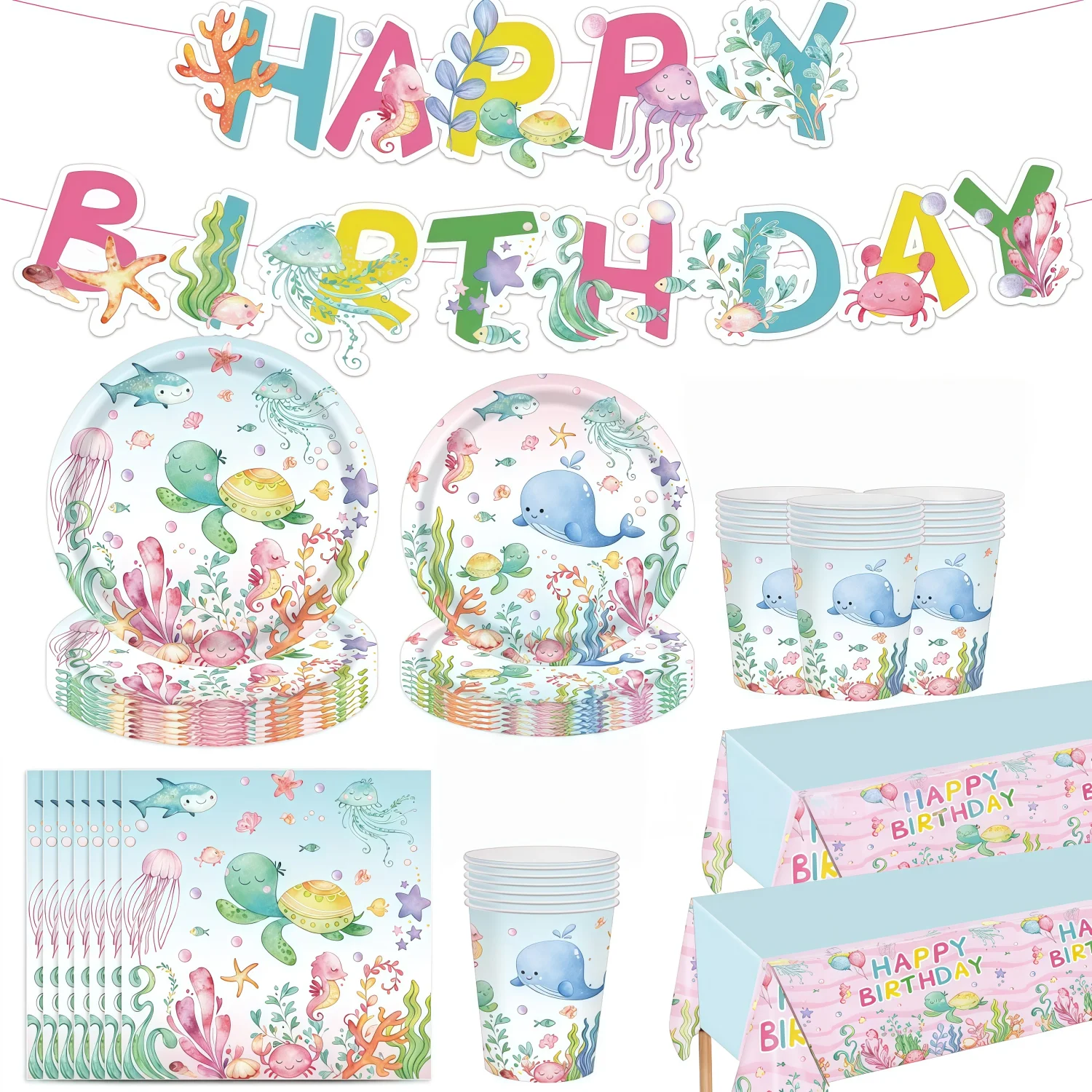 Ocean Animal Party Decor Kit, Under The Sea Plates Cups Napkins Banner Tablecloth for Kids Ocean Theme Birthday Party Supplies