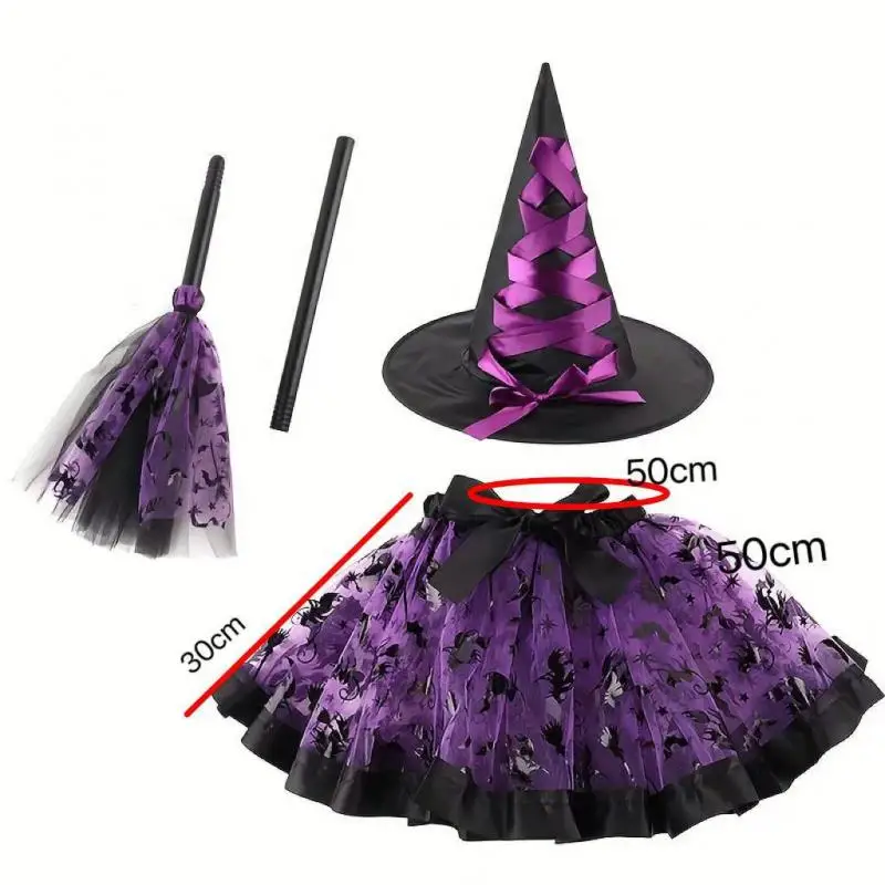Halloween Witch Cosplay Tutu Skirt Hat Wizard Clothes Accessories Outfit Children Stage Performance Carnival Party Dress Up Suit