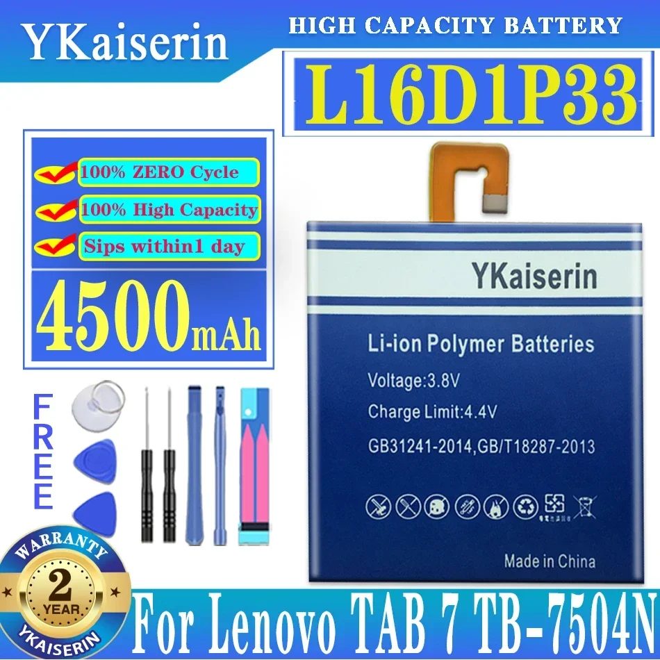 YKaiserin For Lenovo L16D1P33 4500mAh Battery For Lenovo TAB 7 TAB7 TB-7504N TB-7504F 7504X Batteries + Free Tools