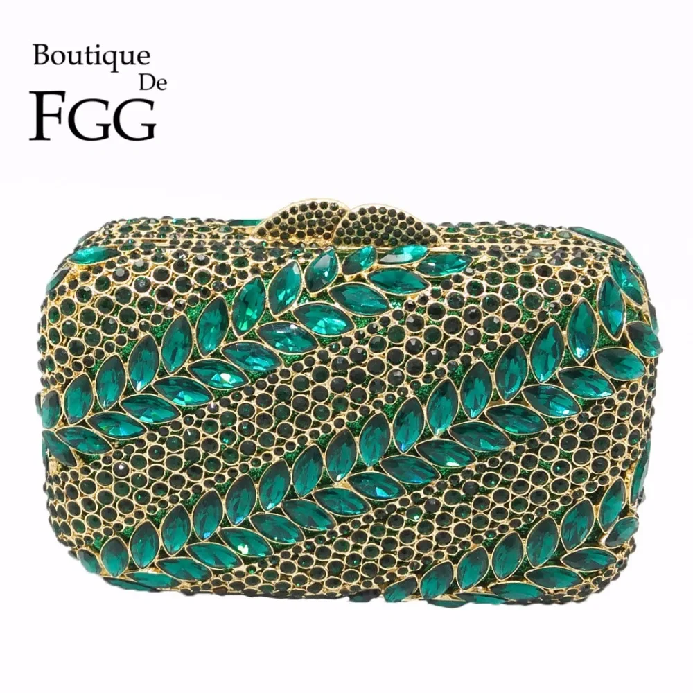 Boutique De FGG Emerald Green Leaf Women Crystal Clutch Evening Handbags Bridal Party Wedding Rhinestone Handbags and Purses