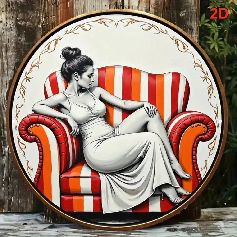 2D Flat High Definition Metal Wall Art Retro Mid Century Modern Elegant Woman in Flowing Slip Dress Lounging on Red and Orange S