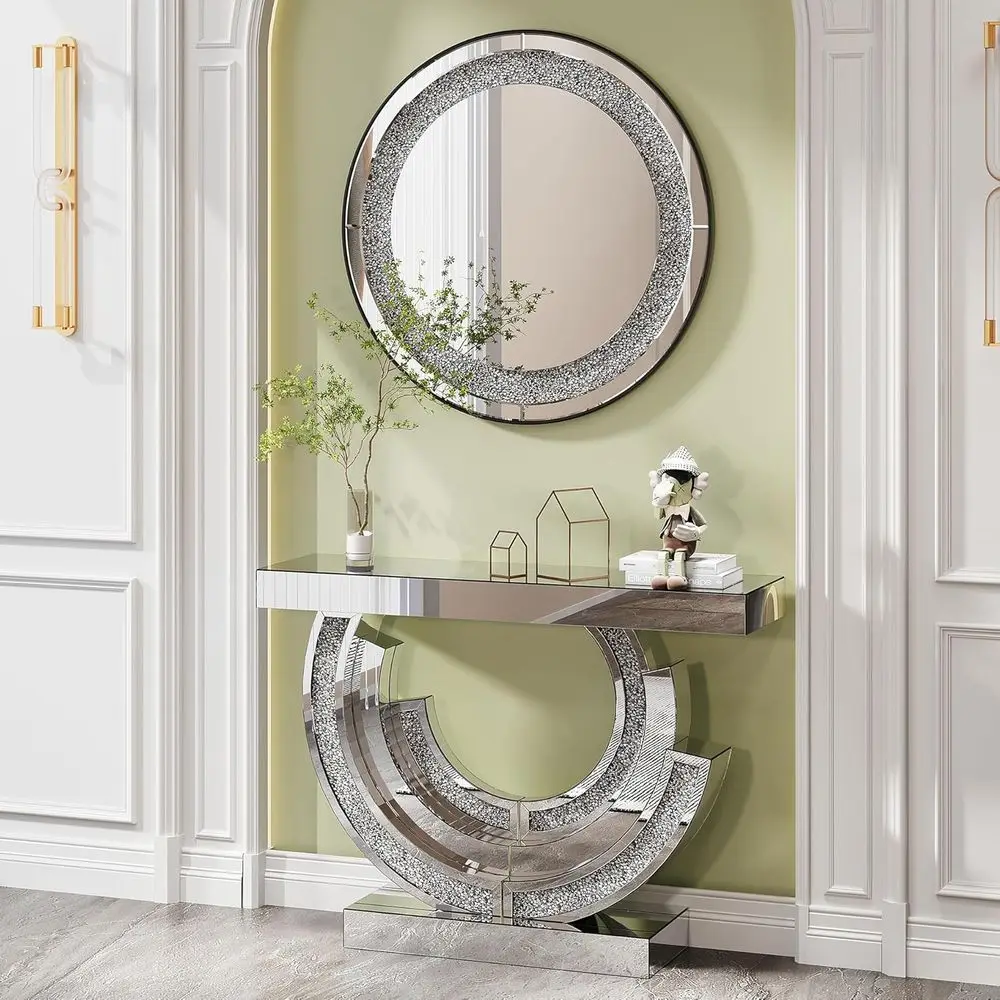 

Glamorous Round Wall Mirror with Crystal Base Entryway Table, Sparkling Glass Sofa Table Set for Hallway/Living Room