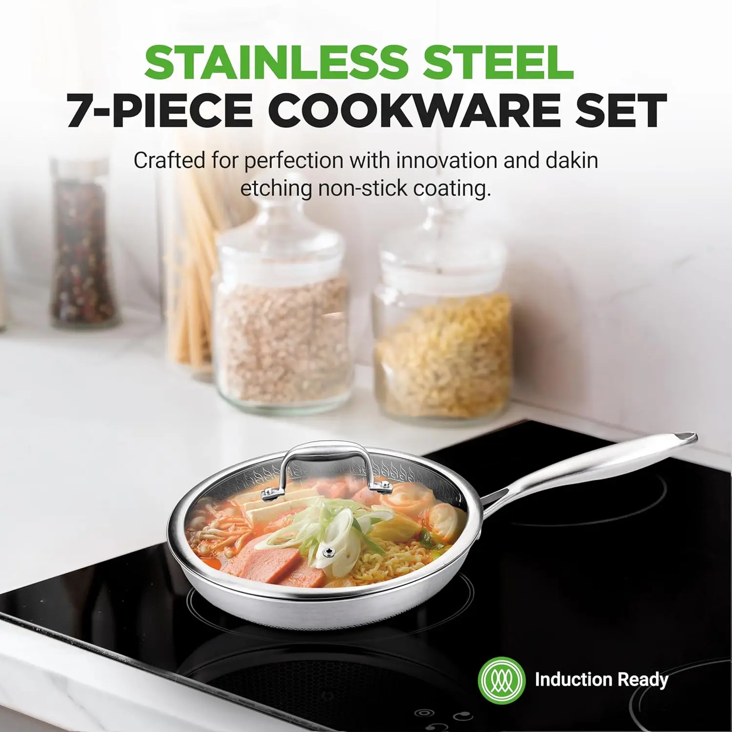 7-Piece Tri-Ply Stainless Steel Frying Pan Set & Wok – Nonstick, Induction Compatible, Oven Safe, Scratch-Resistant, D